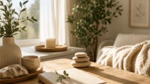 Mesa de madeira com livro, chávena, pedras decorativas e vaso com ramos, num espaço acolhedor com cama ao fundo e luz natural.