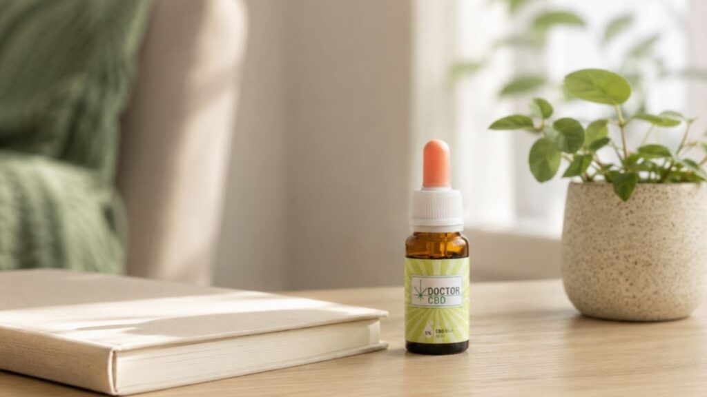 Frasco de óleo CBD Doctor CBD para que serve o CBD sobre uma mesa de madeira, ao lado de um livro e de uma planta, num ambiente claro e acolhedor.
