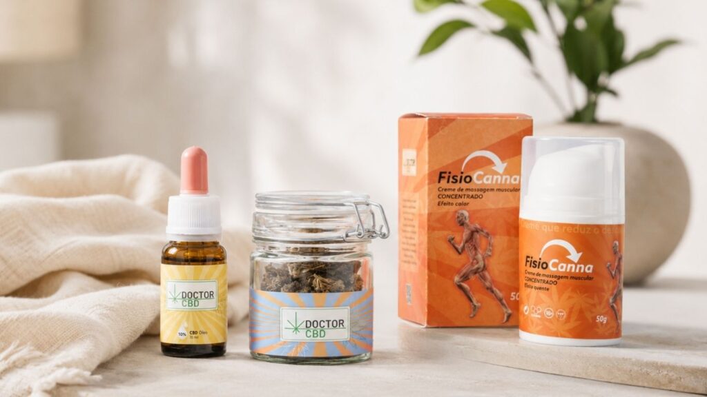 Frasco de óleo CBD Doctor CBD, flores CBD Doctor CBD e creme FisioCanna dispostos sobre uma superfície clara com decoração natural.