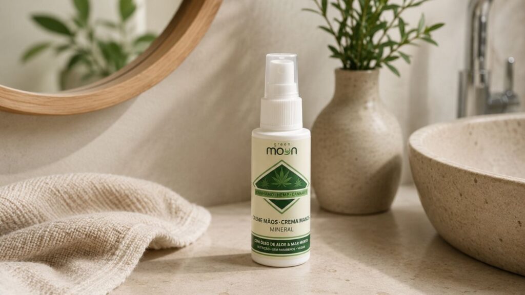 Frasco de creme de mãos Green Moon sobre bancada de casa de banho, com espelho, lavatório, toalha e elementos decorativos.