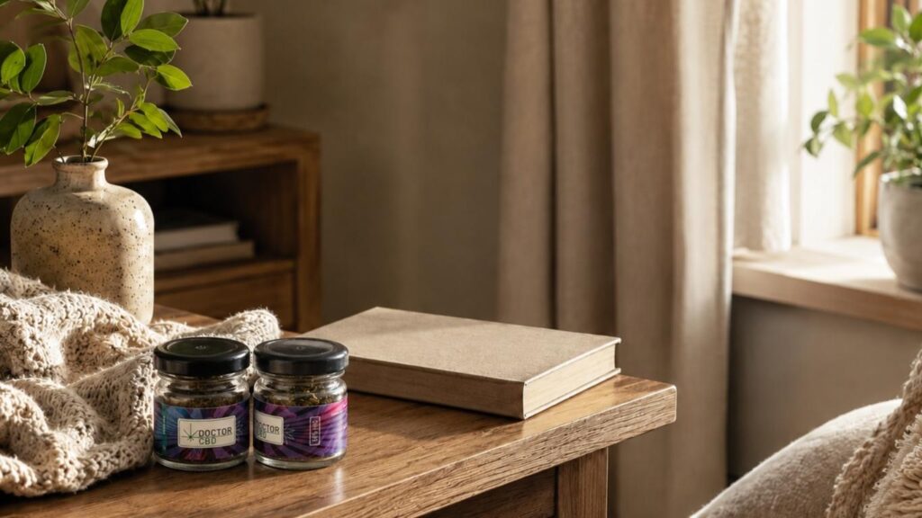 Onde comprar CBD  Portugal Frasco de óleo CBD Doctor CBD sobre secretária com portátil, caixa de envio e caderno num ambiente luminoso.