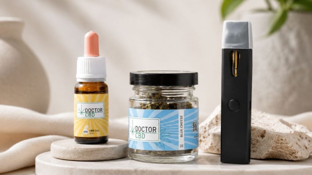 Frasco de óleo CBD Doctor CBD, flores CBD Blue Cheese e vaporizador sobre base clara com decoração natural.