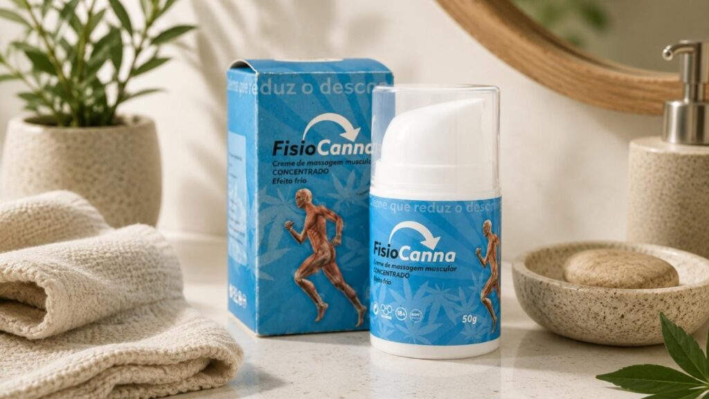 Creme de massagem FisioCanna com embalagem azul sobre bancada de casa de banho, junto a toalhas e elementos naturais.
