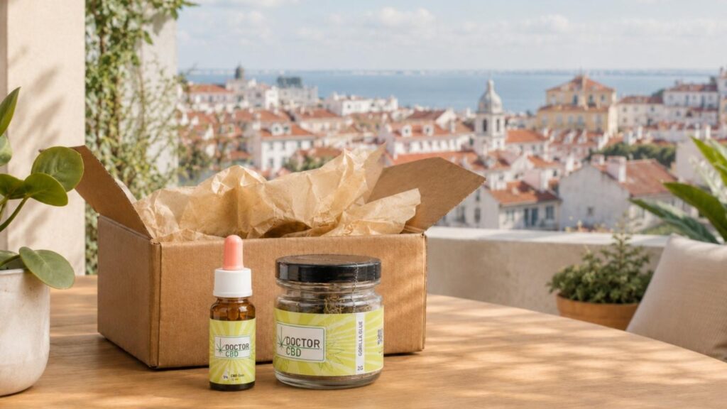 Óleo CBD Doctor CBD e flores CBD Gorilla Glue junto a uma caixa aberta, numa varanda com vista sobre Lisboa.