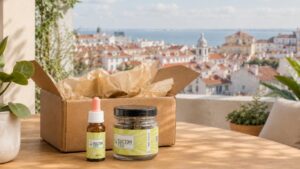 Óleo CBD Doctor CBD e flores CBD Gorilla Glue junto a uma caixa aberta, numa varanda com vista sobre Lisboa.