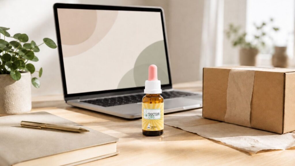 CBD Online Portugal com frasco de óleo CBD Doctor CBD sobre secretária, ao lado de portátil, caderno e caixa de envio.