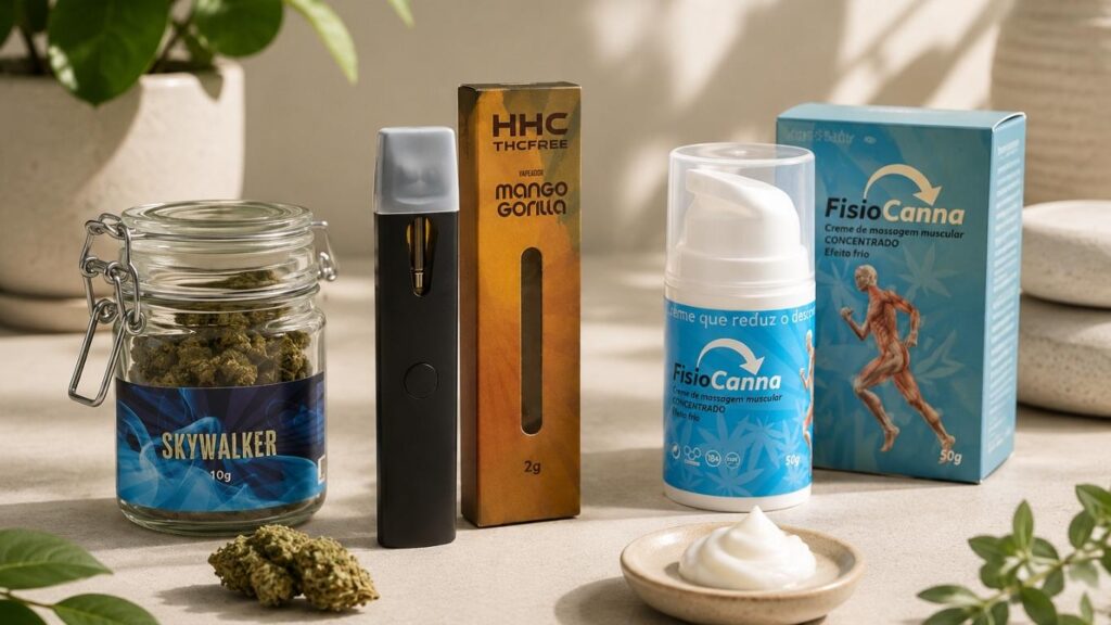 CBD Online Portugal com flores Skywalker, vaporizador HHC THCFREE e creme FisioCanna apresentados num ambiente clean e luminoso.