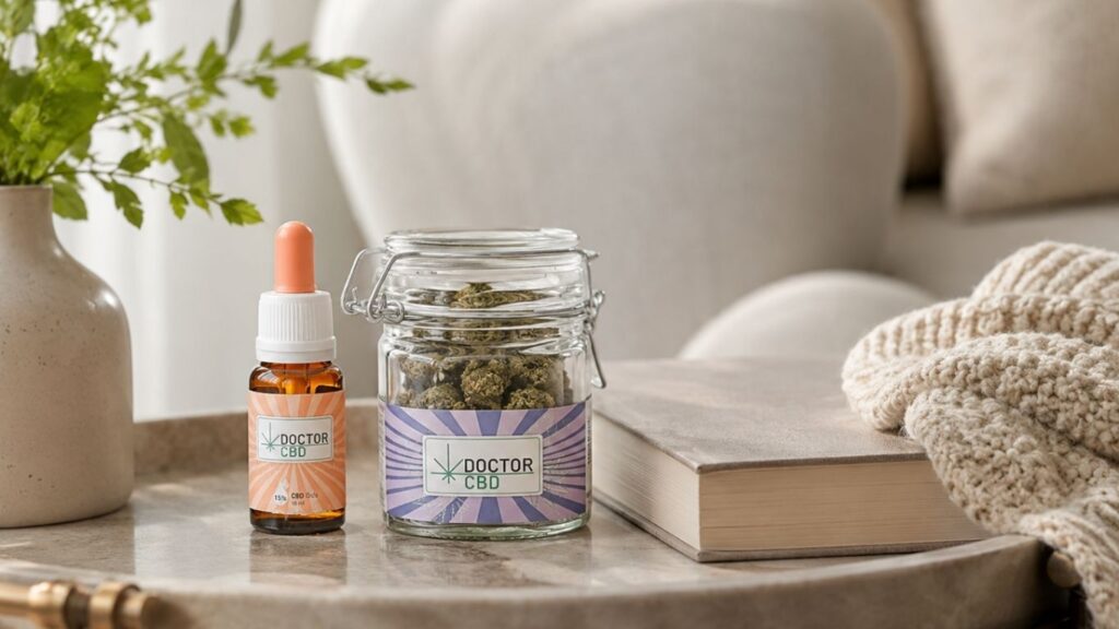CBD Online Portugal com frasco de óleo CBD Doctor CBD e jarra de flores CBD sobre mesa de apoio ao lado de livro e manta.