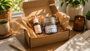 CBD Online Portugal com caixa aberta de encomenda contendo óleo CBD Doctor CBD e flores CBD num ambiente quente e acolhedor.