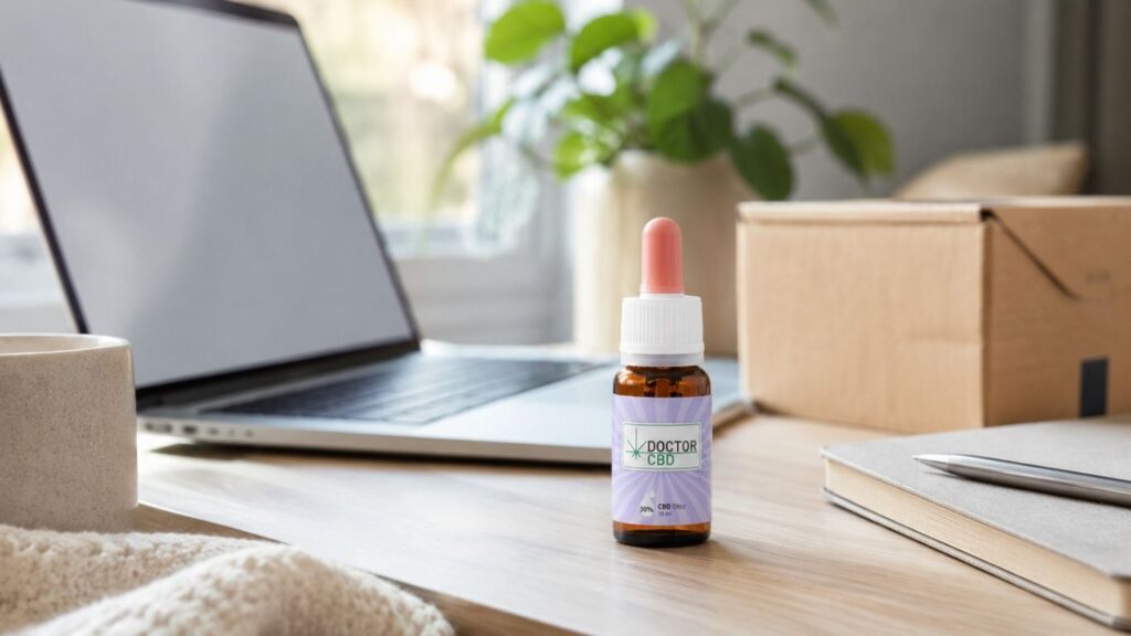 Loja De CBD Portugal com frasco de óleo CBD Doctor CBD 30% sobre secretária, junto a portátil, caixa de envio, caderno e chávena.