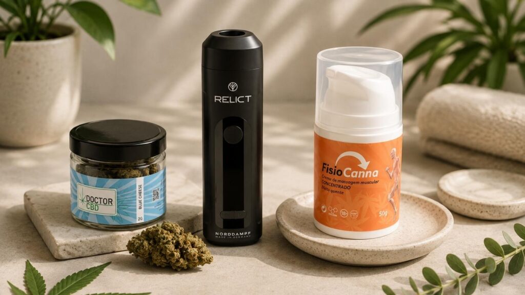 Loja De CBD Portugal com flores CBD Blue Cheese, vaporizador Relict e creme FisioCanna apresentados num ambiente clean e luminoso.