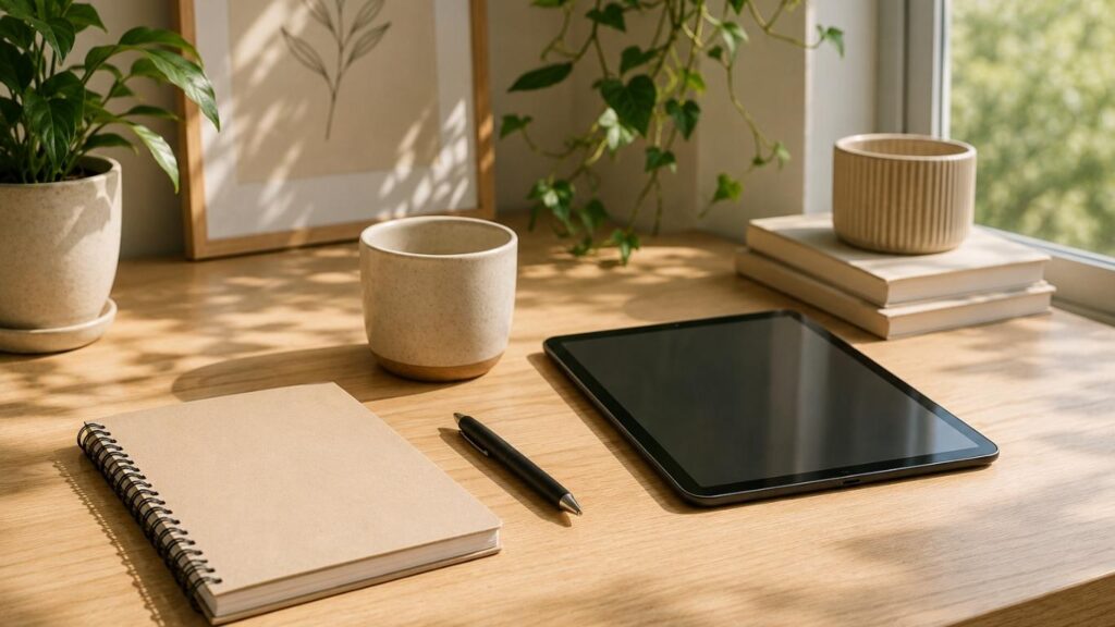Loja De CBD Portugal representada por uma secretária com tablet, caderno, caneta, chávena e plantas num ambiente luminoso.