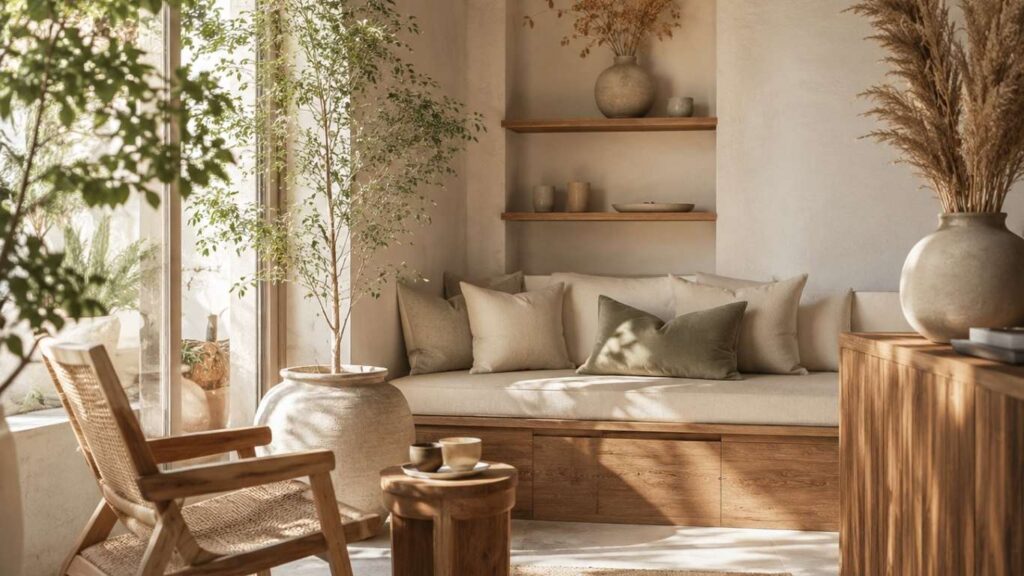 Loja De CBD Portugal representada por uma sala luminosa, com plantas, sofá, mesa de madeira e ambiente natural de bem-estar.