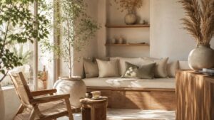 Loja De CBD Portugal representada por uma sala luminosa, com plantas, sofá, mesa de madeira e ambiente natural de bem-estar.