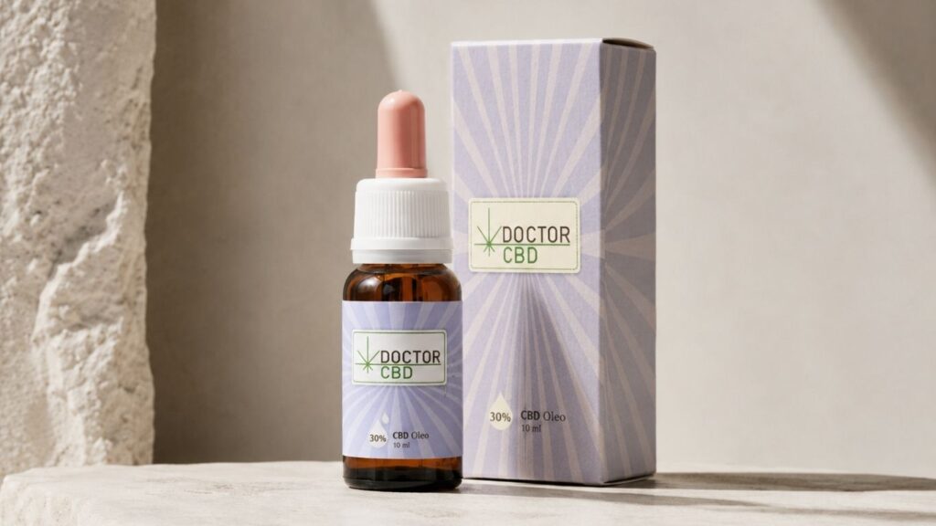 Produtos CBD Portugal com frasco de óleo CBD Doctor CBD 30% e respetiva embalagem, apresentados num cenário clean e luminoso.