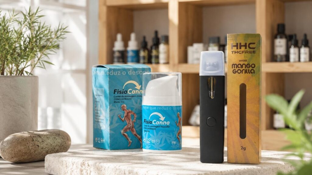 Produtos CBD Portugal com creme FisioCanna, embalagem FisioCanna, vaporizador HHC Mango Gorilla e exposição de loja ao fundo.