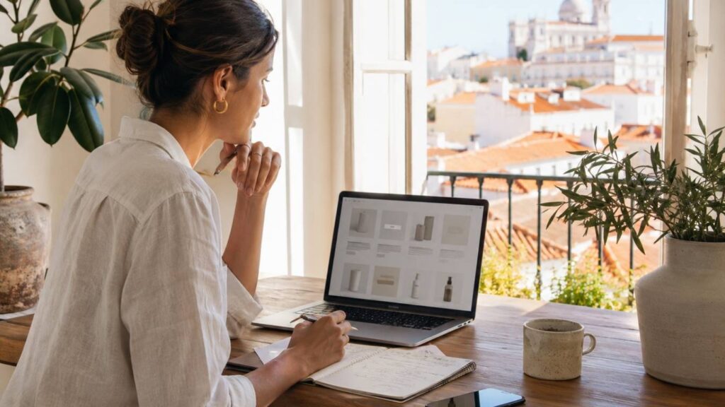 Produtos CBD Portugal representados por mulher a pesquisar numa loja online de CBD ao portátil, junto a janela com vista urbana.