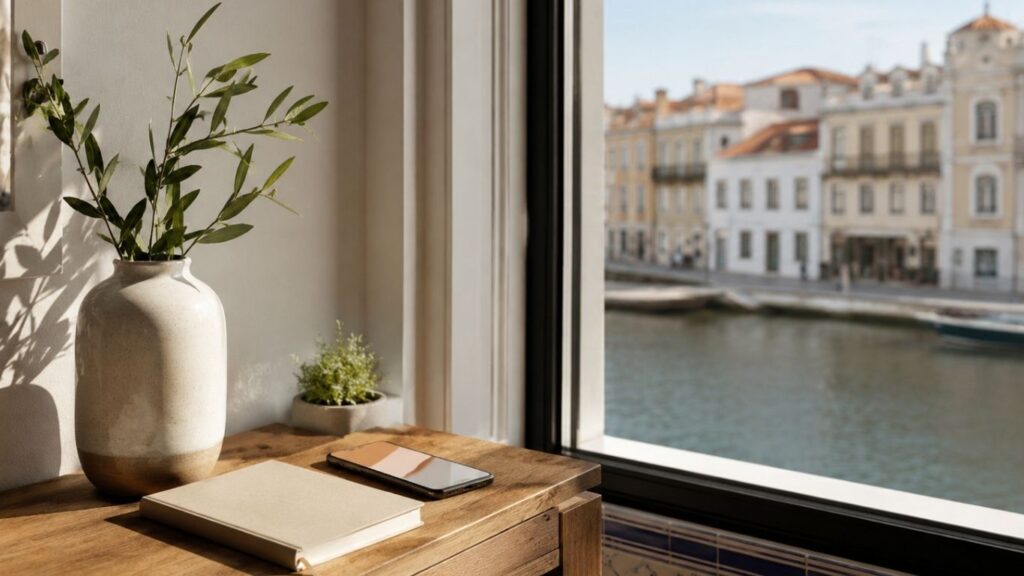 CBD Aveiro representado por um espaço interior com mesa de madeira, vaso decorativo, caderno e smartphone junto a uma janela com vista para a ria.