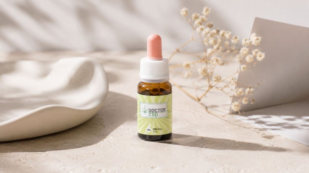 CBD Aveiro com frasco de óleo CBD Doctor CBD 5% apresentado sobre superfície clara, num cenário minimalista com flores secas e luz natural.