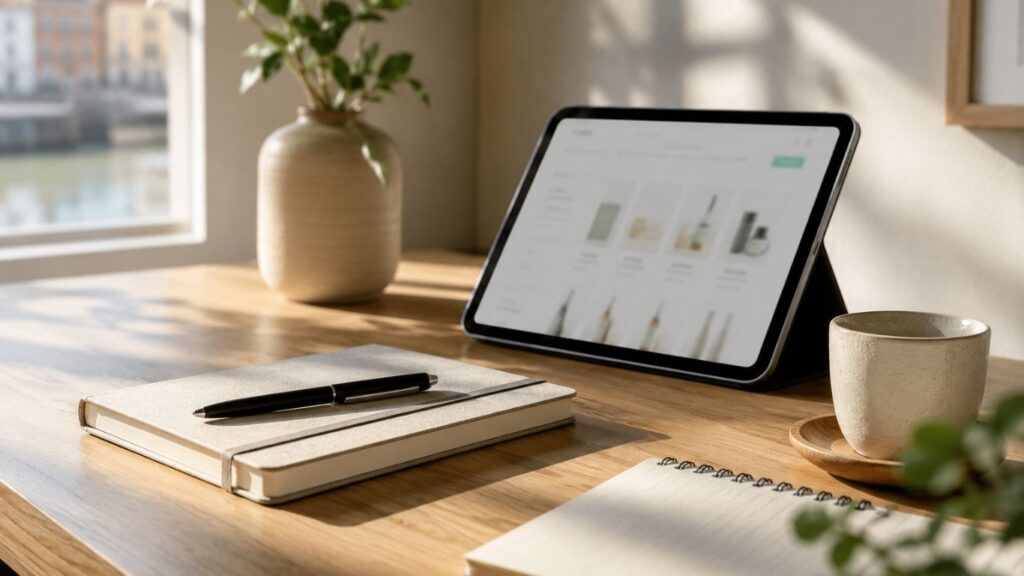 CBD Aveiro representado por tablet com loja online de produtos CBD, colocado sobre mesa de madeira com caderno, chávena e elementos decorativos.