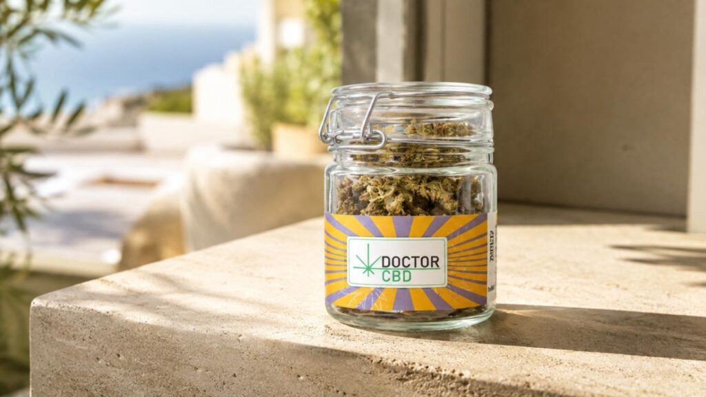 CBD Aveiro com frasco de flores CBD Doctor CBD apresentado numa varanda ou terraço luminoso, com vista desfocada ao fundo.