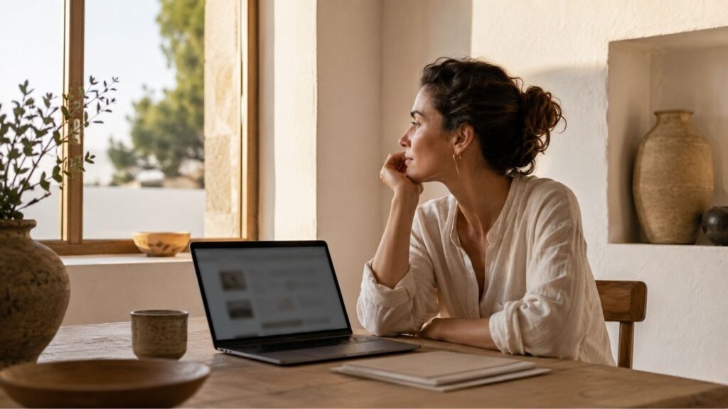 CBD em Beja representado por uma mulher sentada à mesa com portátil, chávena e caderno, num espaço interior luminoso e acolhedor.