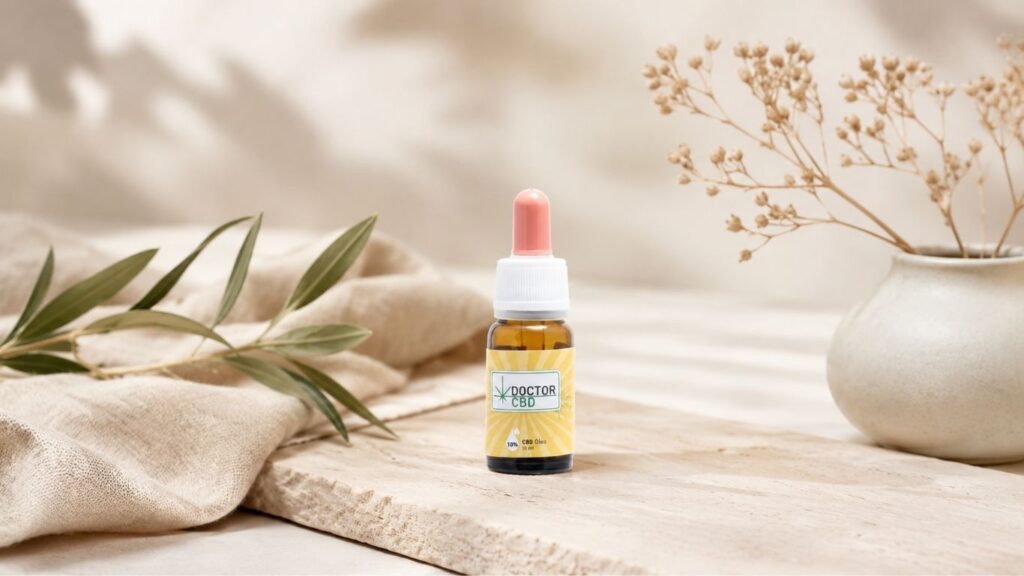 CBD em Beja com frasco de óleo Doctor CBD 10% apresentado sobre superfície em pedra clara, acompanhado por tecido neutro, folhas e vaso decorativo.