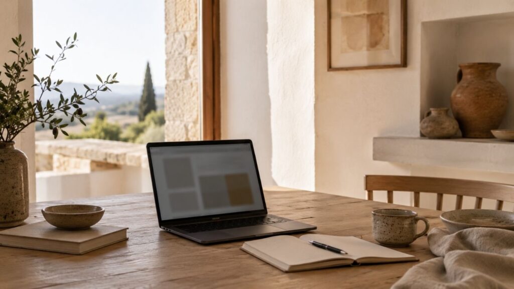 CBD em Beja representado por portátil sobre mesa de madeira com caderno, chávenas e elementos decorativos, junto a uma janela com vista campestre.