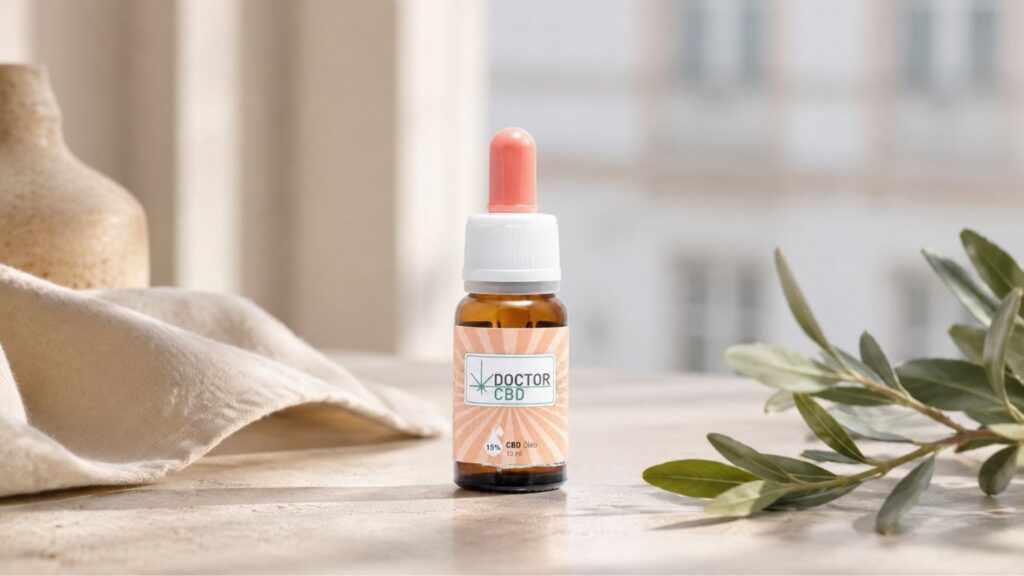 CBD Em Braga: Onde Encontrar Produtos De Qualidade 2 CBD em Braga com frasco de óleo Doctor CBD 15% sobre superfície clara, acompanhado por tecido neutro e ramos verdes decorativos.