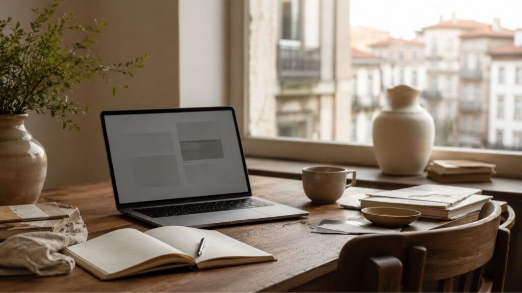 CBD Em Braga: Onde Encontrar Produtos De Qualidade 3 CBD em Braga ilustrado por uma mesa de madeira com portátil, caderno, chávena e elementos decorativos, num ambiente interior acolhedor.