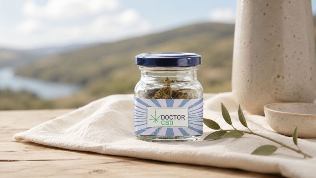 CBD em Bragança com frasco de flor Doctor CBD sobre tecido claro, acompanhado por elementos decorativos e uma paisagem desfocada ao fundo.