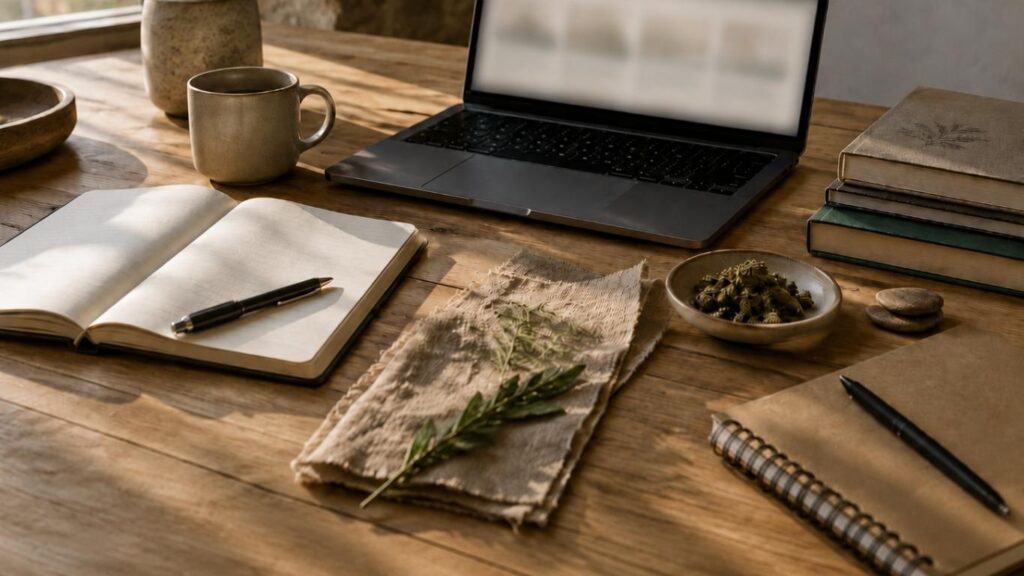 CBD em Bragança ilustrado por uma mesa de madeira com portátil, cadernos, chávena e elementos naturais, num ambiente quente e confortável.