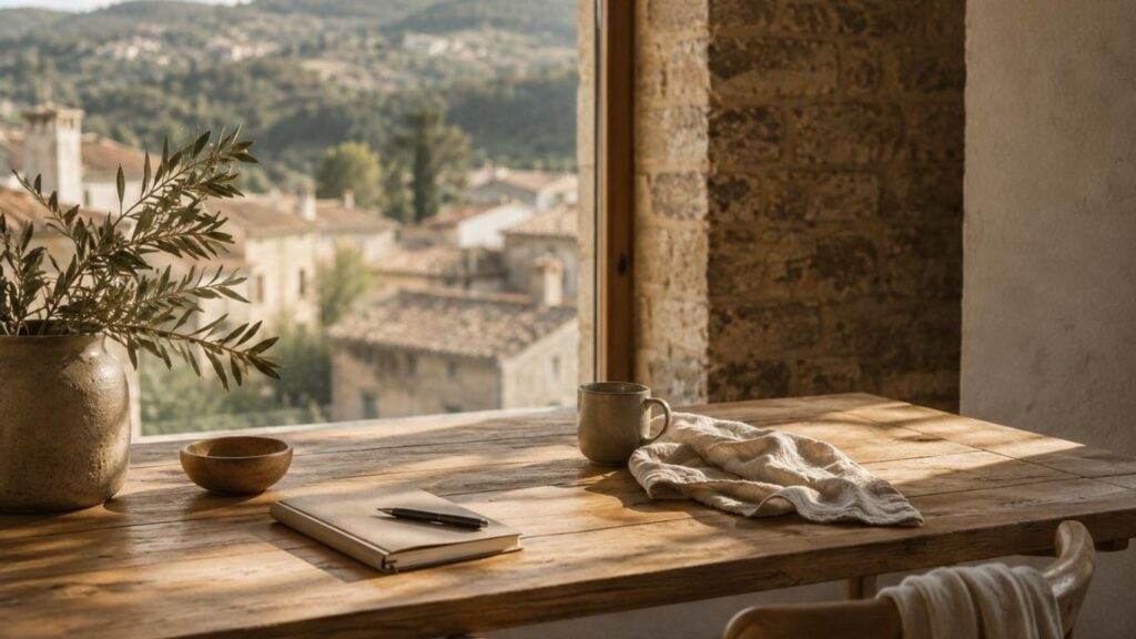 CBD em Bragança representado por uma mesa de madeira com caderno, chávena e elementos decorativos junto a uma grande janela com vista para a paisagem.