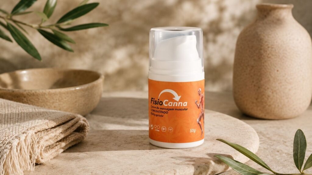CBD em Castelo Branco com embalagem de creme FisioCanna em destaque sobre uma base de pedra, rodeada por elementos naturais e decoração minimalista.