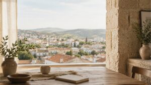 CBD em Castelo Branco representado por uma mesa de madeira junto a uma ampla janela com vista para a cidade, com elementos decorativos simples e luz natural.