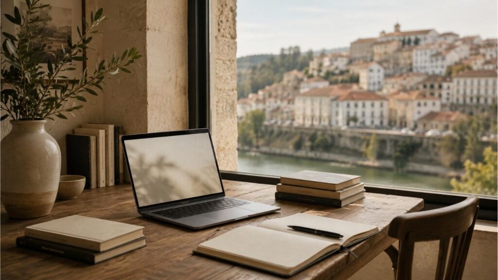 CBD Em Coimbra: Onde Encontrar Produtos De Qualidade 1 CBD em Coimbra representado por uma secretária com portátil, cadernos e livros junto a uma grande janela com vista panorâmica sobre a cidade.