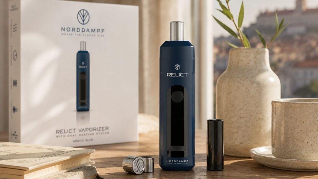 CBD Em Coimbra: Onde Encontrar Produtos De Qualidade 2 CBD em Coimbra com vaporizador Norddampf Relict e respetiva embalagem em destaque sobre uma mesa de madeira, num ambiente elegante e luminoso.