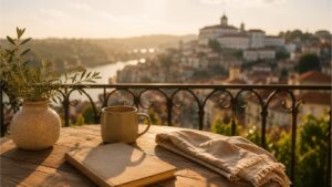 CBD em Coimbra representado por uma varanda ou mesa exterior com livros, chávena, caderno e vista panorâmica sobre a cidade ao pôr do sol.