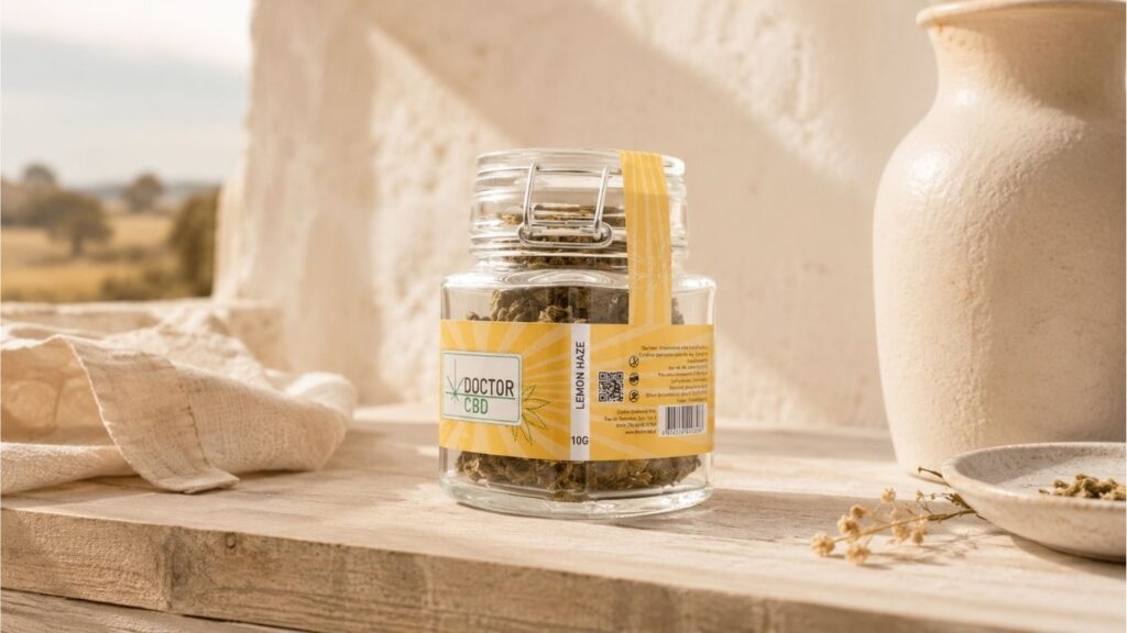 CBD em Évora com embalagem de flores Doctor CBD Lemon Haze em destaque sobre uma superfície clara, num cenário luminoso e natural.