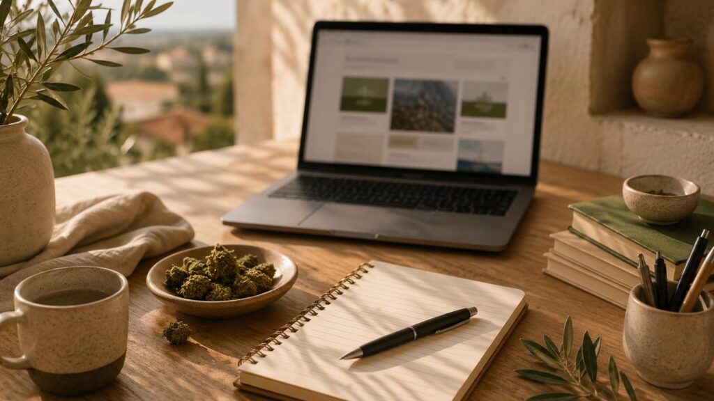CBD em Évora ilustrado por uma mesa com portátil, bloco de notas, chávena e flores de cânhamo num ambiente de pesquisa e descoberta.