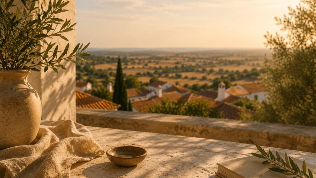CBD em Évora representado por uma mesa com livro e elementos decorativos diante de uma vista panorâmica ao pôr do sol sobre a paisagem alentejana.