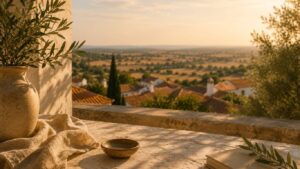 CBD em Évora representado por uma mesa com livro e elementos decorativos diante de uma vista panorâmica ao pôr do sol sobre a paisagem alentejana.
