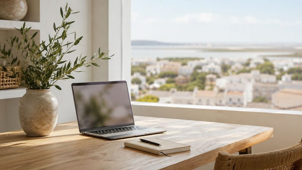 CBD em Faro representado por uma mesa de madeira com portátil, caderno e vaso decorativo junto a uma janela com vista panorâmica.