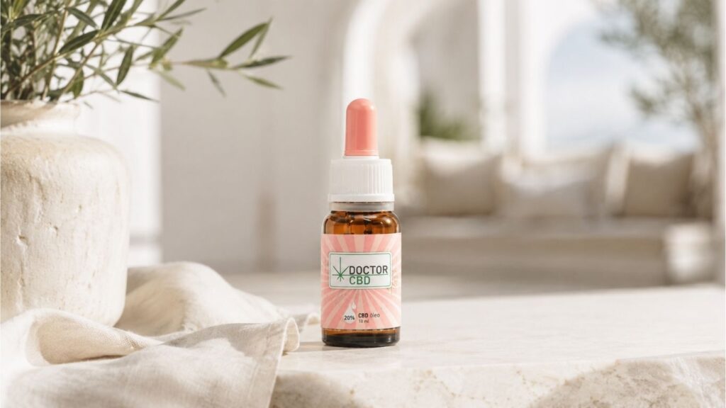CBD em Faro com frasco de óleo Doctor CBD em destaque sobre uma superfície clara, num cenário clean e luminoso.