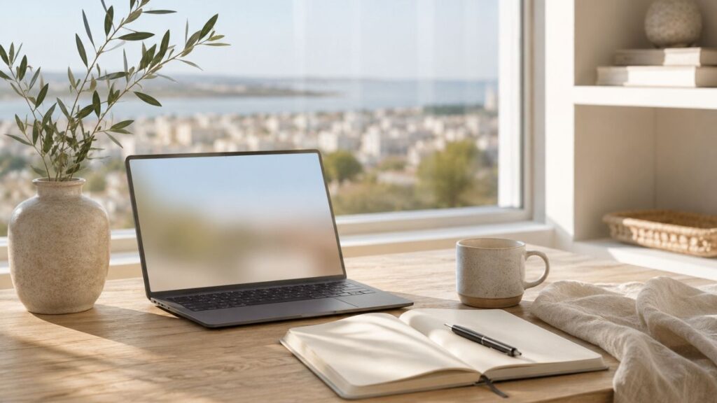 CBD em Faro ilustrado por uma mesa com portátil, bloco de notas, chávena e elementos decorativos junto a uma janela com vista exterior.