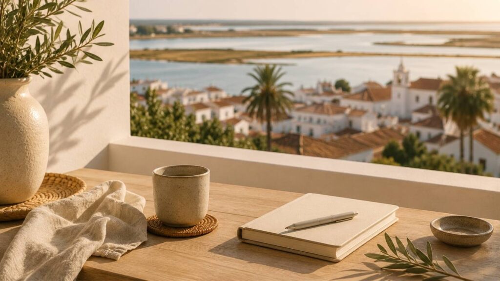 CBD em Faro representado por uma mesa com chávena, caderno e elementos decorativos diante de uma vista soalheira sobre a cidade e a ria.