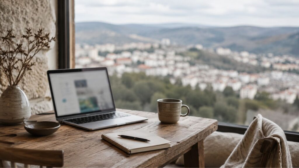 CBD Em Guarda: Onde Encontrar Produtos De Qualidade 1 CBD em Guarda representado por uma mesa rústica com portátil, caderno, chávena e elementos decorativos junto a uma janela com vista panorâmica.