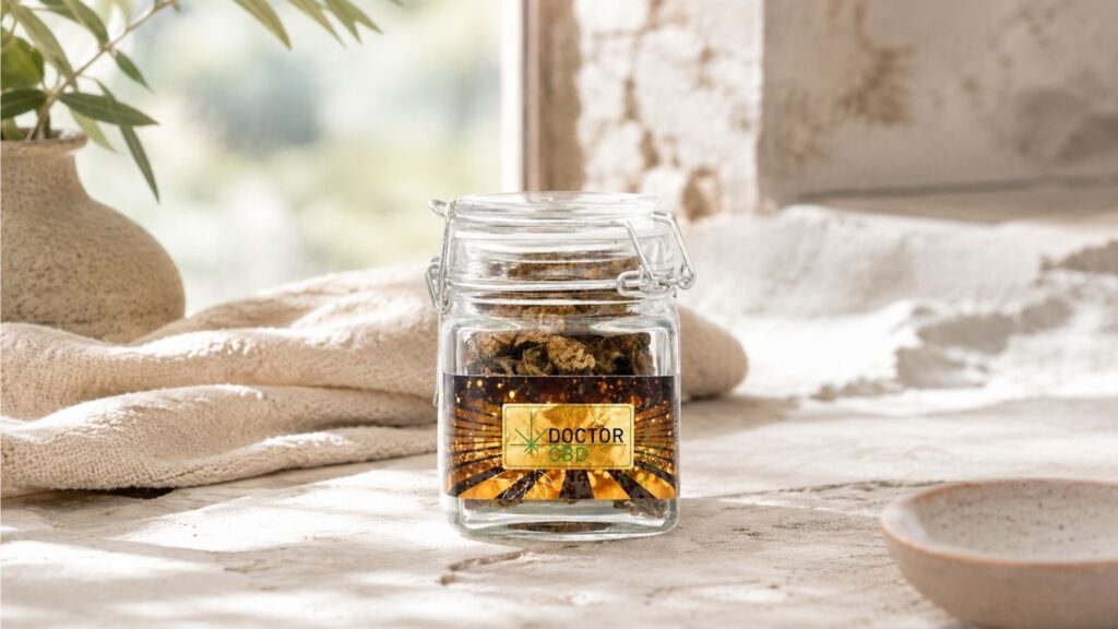 CBD Em Guarda: Onde Encontrar Produtos De Qualidade 2 CBD em Guarda com frasco de flores Doctor CBD em destaque sobre uma superfície clara, num cenário minimalista e luminoso.