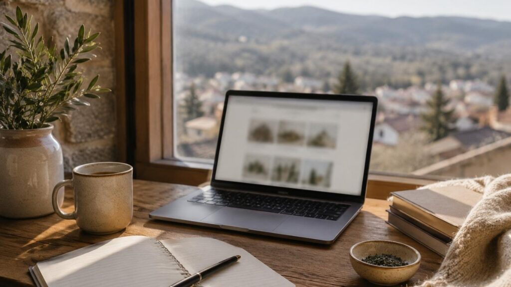 CBD Em Guarda: Onde Encontrar Produtos De Qualidade 3 CBD em Guarda ilustrado por uma mesa com portátil, bloco de notas, chávena e elementos decorativos junto a uma janela com vista exterior.