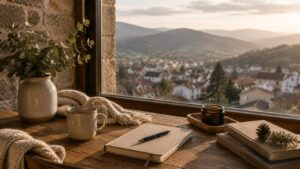 CBD em Guarda representado por uma mesa com chávena, caderno e objetos decorativos diante de uma vista ampla e tranquila sobre a cidade e a serra.